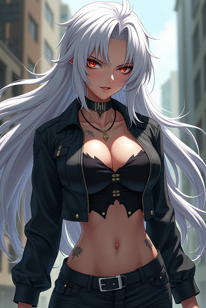 Female character anime version with long white hair, usually stylized in an aggressive way. His eyes are intense and expressive, firm look, has an upright and confident posture, bold clothing style, leather jackets, tights and silver accessories, visible tattoos
