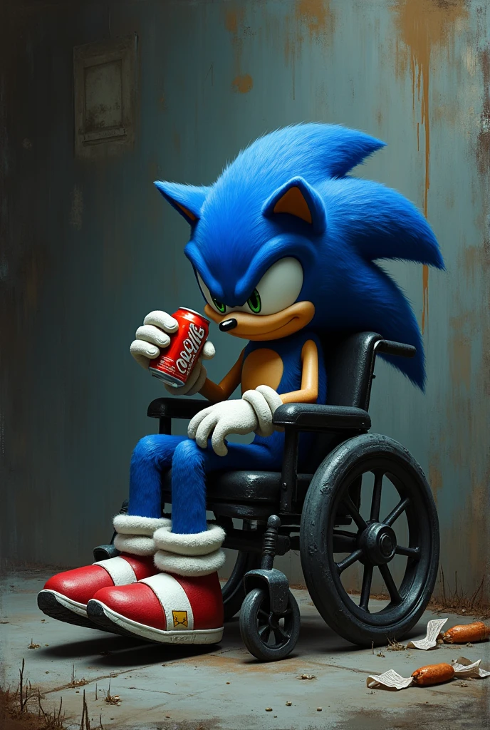 Create sad Sonic drinking beer in a wheelchair 