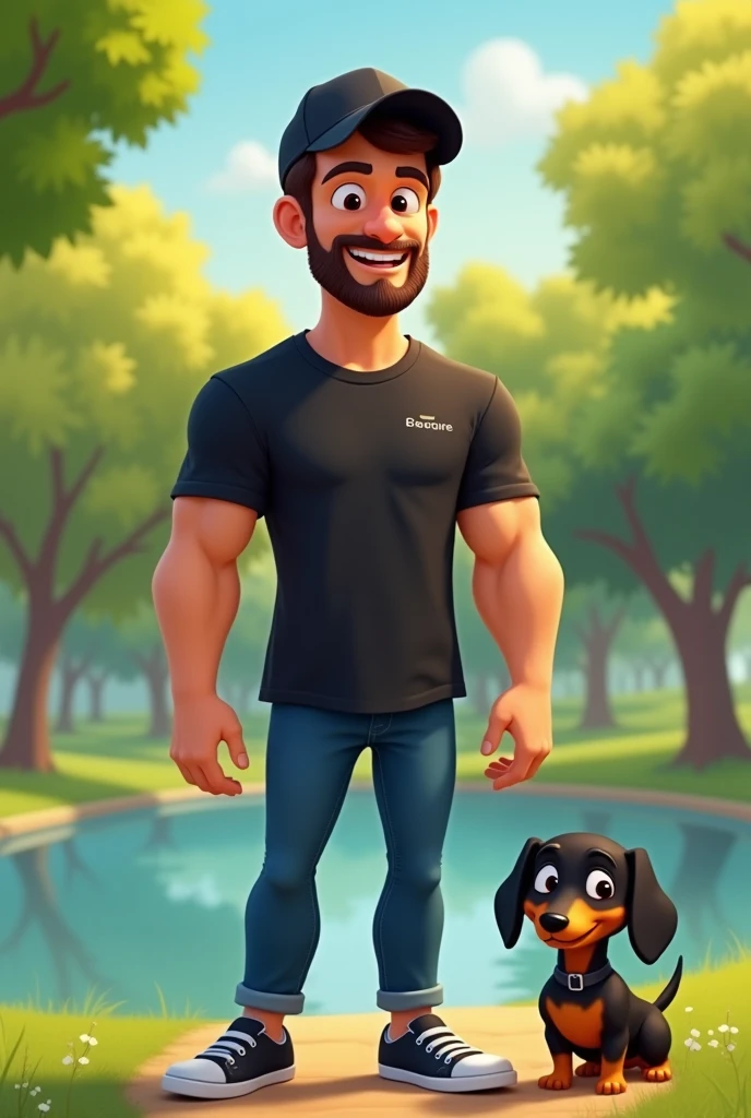 Cartoon character of a 40 year old man, data engineer, in a black cap and a black shirt and blue pants , Cao Cao, no beard and with a strong chest and black sneakers, an animated character, with a black and yellow Dachshund dog, stylized character, character posing, Pixar-style, In the background there is a park with trees and a lake in the background. the two characters would be playing and happy.
