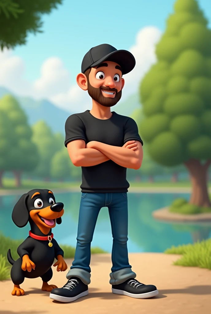 Cartoon character of a 40 year old man, data engineer, in a black cap and a black shirt and blue pants , Cao Cao, no beard and with a strong chest and black sneakers,  an animated character, with a black and yellow Dachshund dog, stylized character, character posing, Pixar-style, In the background there is a park with trees and a lake in the background. the two characters would be playing and happy.
