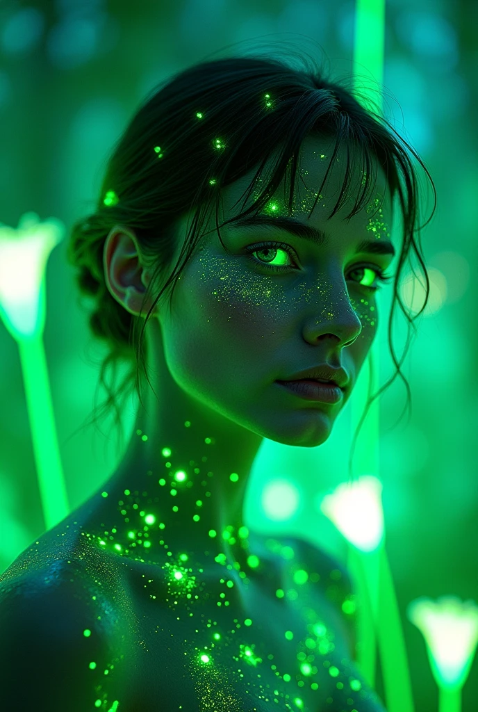 A futuristic, otherworldly woman with luminous, neon green features. Her eyes and hair emit a radiant emerald glow, blending seamlessly with the surrounding environment. The scene is set in an enchanted digital forest, where holographic plants and flowers pulse with a soft, ethereal green light. Her skin is slightly reflective, with shimmering patterns that mimic the constellations. She stands gracefully among the glowing flora, her expression calm and inquisitive, embodying the mystique of a cybernetic fairy in a surreal, neon-lit landscape.