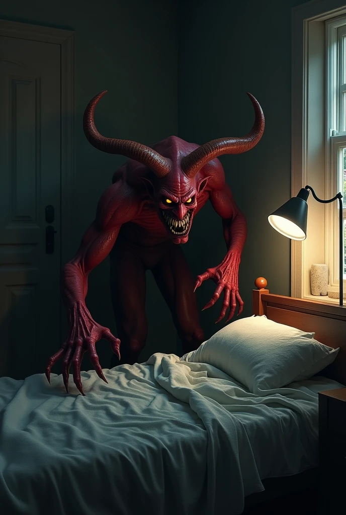"I want an image of a terrifying demon next to a bed in a dark room. The demon must have a sinister appearance, with red skin, bright eyes and a menacing smile. Your claws should be long and sharp, and it must be partially shrouded in shadows, creating an atmosphere of fear and tension. The bed must be unmade, with crumpled sheets, and the lighting in the room should be dim, coming from a single bedside lamp, projecting distorted shadows on the walls."
---