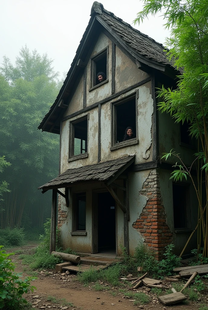 Debris of an old house. with bamboo plantation at the back of the house. And a demon looking out, in one of the windows.