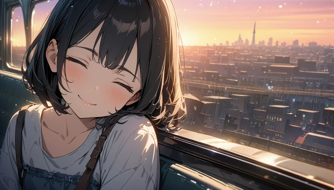 ((ultra-detailed))/ (one women with short black hair and bob hair.、,.、smile、gentle smile on her face、flat chest, one Beautiful girl,((masterpiece, illustration, best quality) ((ultra-detailed))/), sleeping on a train with her head leaning on the handle bar and there is a train window behind her that shows a city and a sunset, eyes closed ,濃い青とBeautiful Blueのグラデーション, High resolution, 8K HD detail, hyper-detail, cinematic, surrealism, soft light, deep field focus bokeh, ray tracing and surrealism. --v6