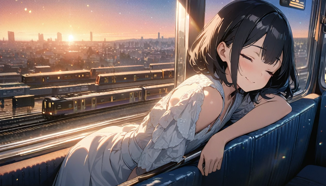 ((ultra-detailed))/ (one women with short black hair and bob hair.、,.、smile、gentle smile on her face、flat chest, one Beautiful girl,((masterpiece, illustration, best quality) ((ultra-detailed))/), sleeping on a train with her head leaning on the handle bar and there is a train window behind her that shows a city and a sunset, eyes closed ,濃い青とBeautiful Blueのグラデーション, High resolution, 8K HD detail, hyper-detail, cinematic, surrealism, soft light, deep field focus bokeh, ray tracing and surrealism. --v6
