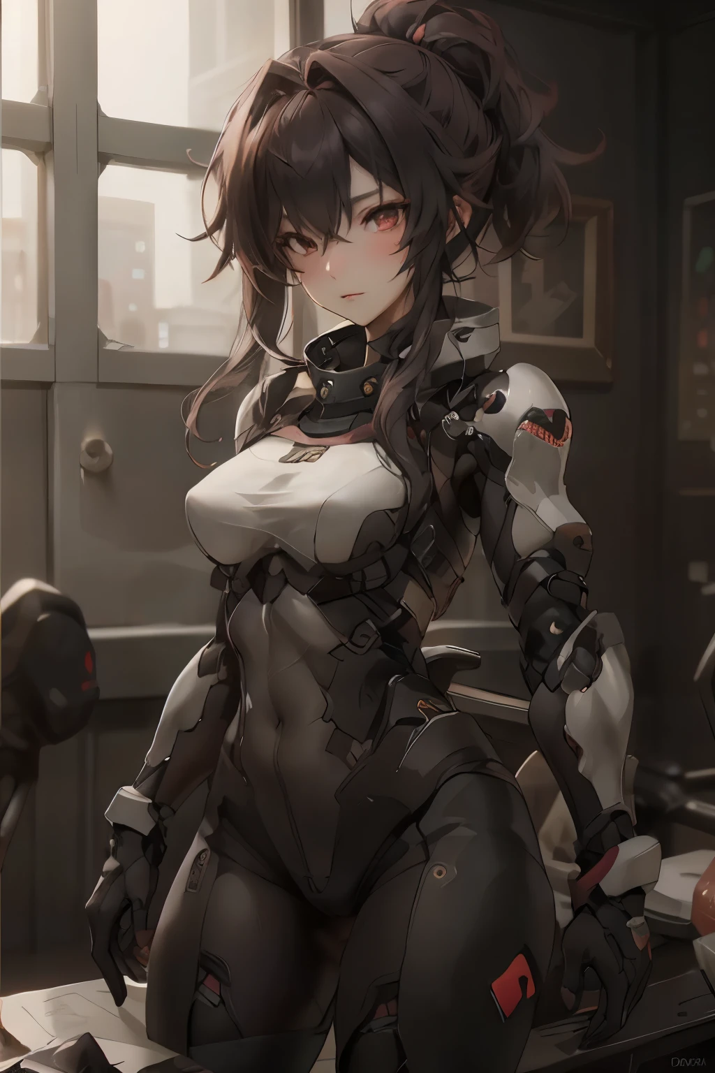 1girl, mecha musume, black hair, red eyes, horrified, crying with eyes open, grey mechanical armor, bodysuit, mechanical parts, large breasts, one breast out, nipple, torn, damaged, peeing self, spread legs, lying, looking at viewer, cowboy shot, outdoors, newest, nsfw, masterpiece, best quality 