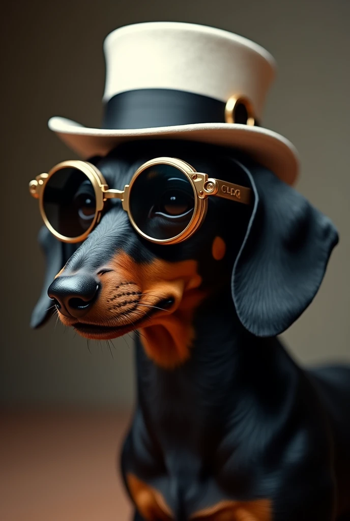 Black Dachshund,  wearing thick, heavy steam punk style glasses, dark lenses, white top hat with black band, side photo with snout slightly close to the camera, looking to the right
