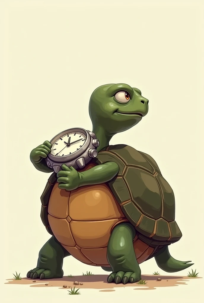 Turtle with a wristwatch on its shell looking back unable to see the time!