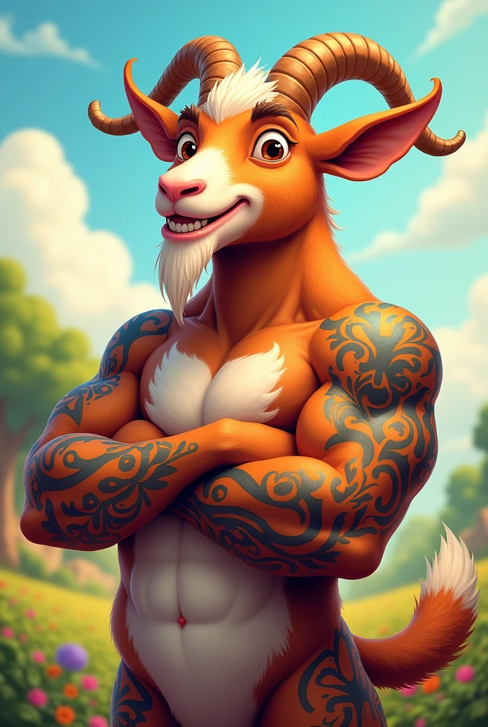 Happy animated goat with muscles and tattoos