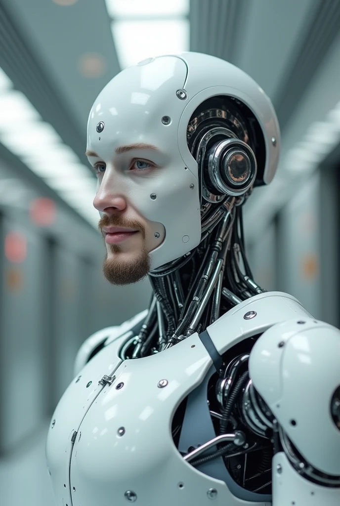 Technological white cyborg with no beard Looking at us and smiling