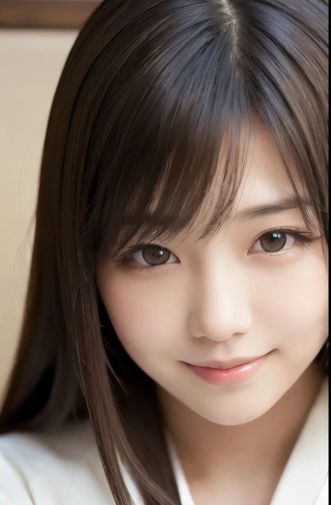 best quality, face focus, soft light, ultra high res, (photorealistic:1.4), RAW photo,(Shinozaki Ai), white skin, kawaii, 1 Japanese girl, solo, cute, (smile), (pupil, lights in the eyes), detailed beautiful face, busty,(high resolution detail of human skin texture), long hair,(portrait), upper body, white traditional kimono, bedroom, fuller figure