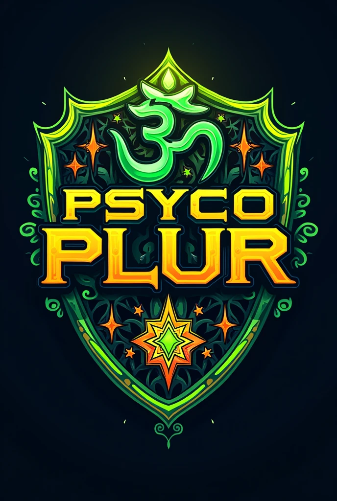 E-sports team shield from moba style game, with the name "Psyco Plur" written in neon green and orange in the foreground with the letter theme psytrance culture and rave parties, in the background with the Ohm symbol of Hinduism.