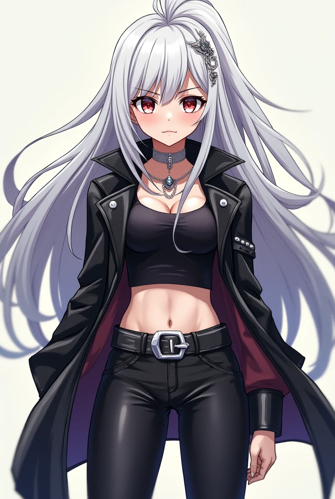 1 femboy, long white hair, dark purple eyes, black coat and short shorts.