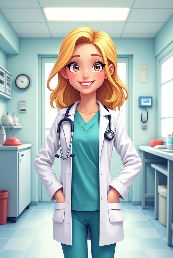 image of blonde doctor in hospital smiling, all in pixels