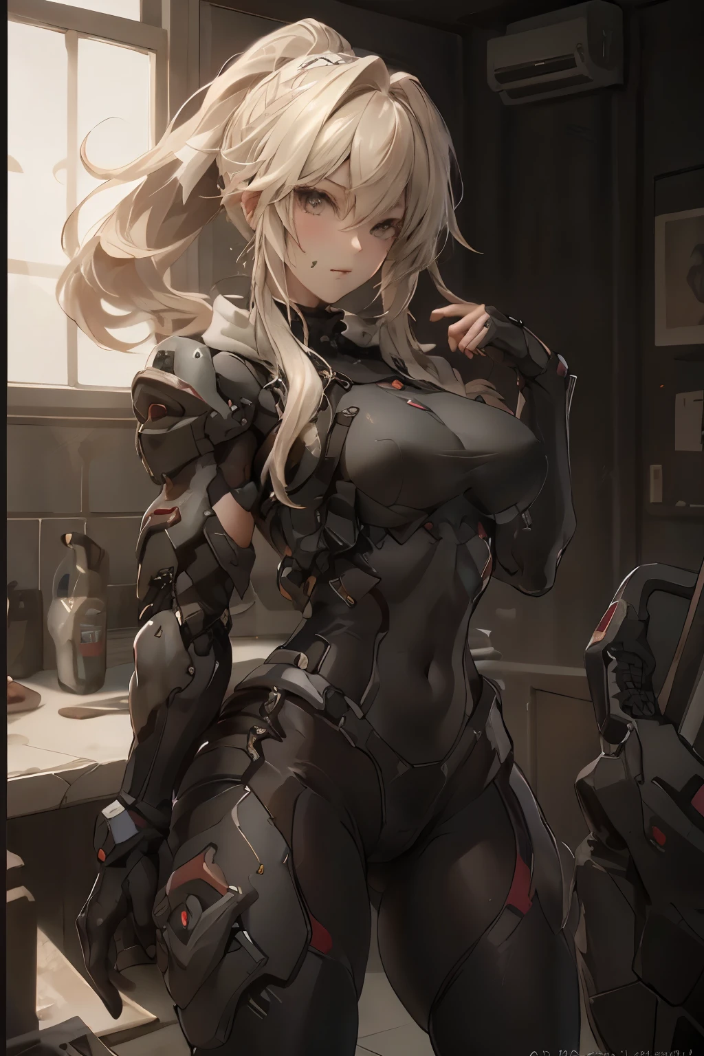 ((best quality)), ((Masterpiece)), (details:1.4), 3d, HDR (high dynamic range), mature woman, เหมือนจริง, Hight ponytails, blonde hair, White eyes, จมูกโด่ง, ปากแดง PBR surface, After processing, Anisotropic filtration,depth of field, Maximum clarity and clarity, multi-layered surface, Subsurface scattering, perfect proportions, 8K raw files, ความละเอียดสุดยอด, รายละเอียดดวงตา, crusader, Heavy Black armor, Fierce, นั่งคุกเข่า