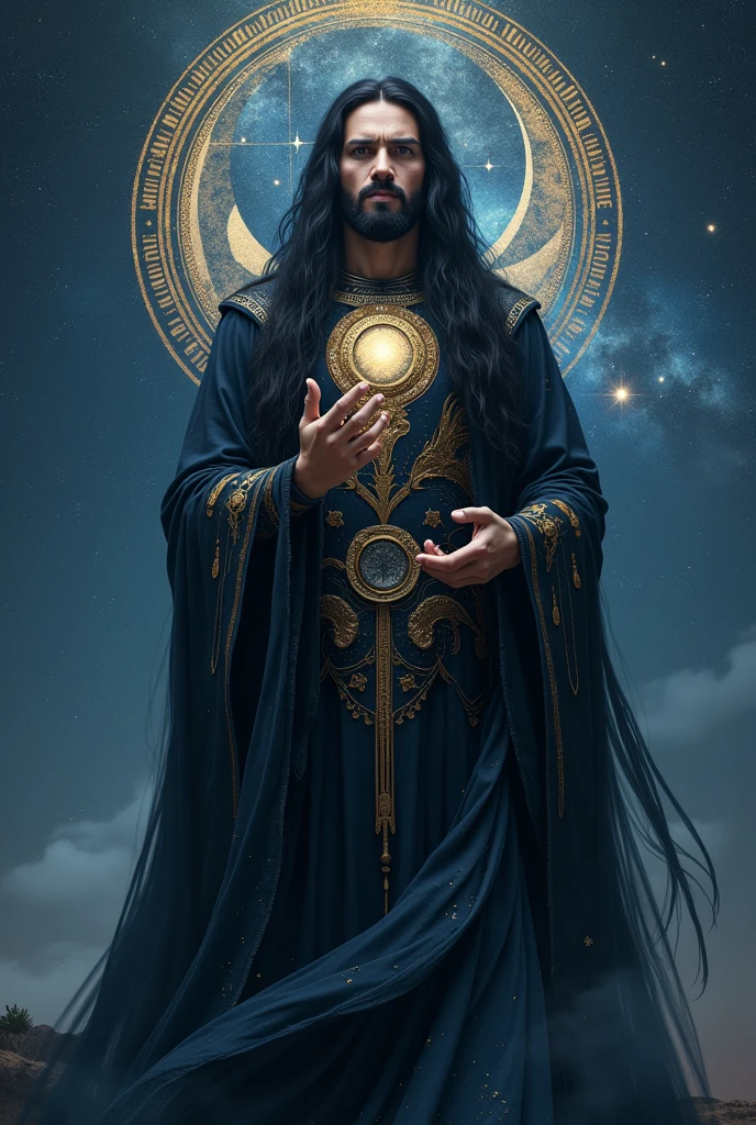 Deity, his presence is majestic and overwhelming, reflecting his power as Guardian of Stellar Time. In this way, his stature rises even higher, reaching an almost colossal height that seems to defy human understanding, as if it were part of the same firmament.

Her skin glows with an ethereal glow, as if made from the essence of the stars themselves. Her black hair grows longer, flowing like a stream of liquid shadow that absorbs the light around it. This hair waves in the air, emulating the movement of the constellations, with small embedded stars that sparkle gently.

His luminous orb eyes, with entire galaxies spinning in its depths. His face takes on an expression of unfathomable wisdom and serenity..

His clothing becomes a heavenly mantle, made of a fabric that appears to be composed of star dust and nebulae. This cloak floats around you, changing color with every movement, going from a deep cosmic blue to absolute black, dotted with stars. on his chest, a symbol of Capricorn, bright as a constellation In his right hand he holds the "Eternal Clock"