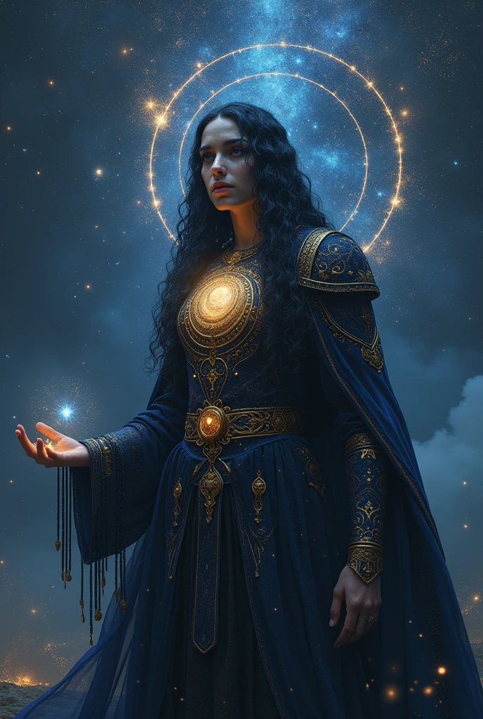 Deity, his presence is majestic and overwhelming, reflecting his power as Guardian of Stellar Time. In this way, his stature rises even higher, reaching an almost colossal height that seems to defy human understanding, as if it were part of the same firmament.

Her skin glows with an ethereal glow, as if made from the essence of the stars themselves. Her black hair grows longer, flowing like a stream of liquid shadow that absorbs the light around it. This hair waves in the air, emulating the movement of the constellations, with small embedded stars that sparkle gently.

His luminous orb eyes, with entire galaxies spinning in its depths. His face takes on an expression of unfathomable wisdom and serenity..

His clothing becomes a heavenly mantle, made of a fabric that appears to be composed of star dust and nebulae. This cloak floats around you, changing color with every movement, going from a deep cosmic blue to absolute black, dotted with stars. on his chest, a symbol of Capricorn, bright as a constellation In his right hand he holds the "Eternal Clock"