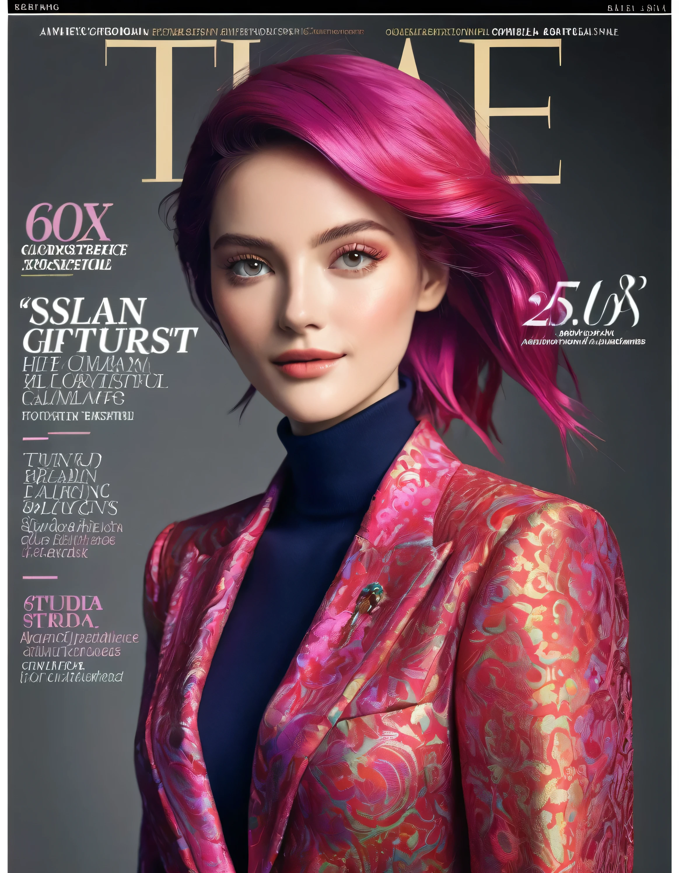 Magazine cover, esthetic, Time Magazine, (A girl with) vibrant colorful hair, Eye-catching pose, stylish clothes, confident smile, Dynamic background, (Haute Couture),(realisti),(studio lighting), (best quality,4K,highres), (portrait), (best quality,4K,8k,highres,​masterpiece:1.2),Ultra-detail,(realisti,photorealisti,photo-realisti:1.37), glossy finish, bright colours, captivating design, Professional models, Fashion Forward, Avant-garde style, innovative concepts, influential personalities, Trend-setting fashion, detailed articles, thought-provoking content, Modern lifestyle, cultural influence, timeless charm, stylish accessories, glamorous photo shoots, international appeal, Diverse perspectives, High-Fashion-Editorials, Exclusive interviews, first-class journalism, exquisite craftsmanship, visual storytelling, captivating cover story, captivating images, iconic fashion brands, Avantgardistisches Make-up, luxurious fabrics, elegant patterns, High quality printing, sophisticated layout, Trendprognose, inspiring pictures, breathtaking artistic direction, Required reading.