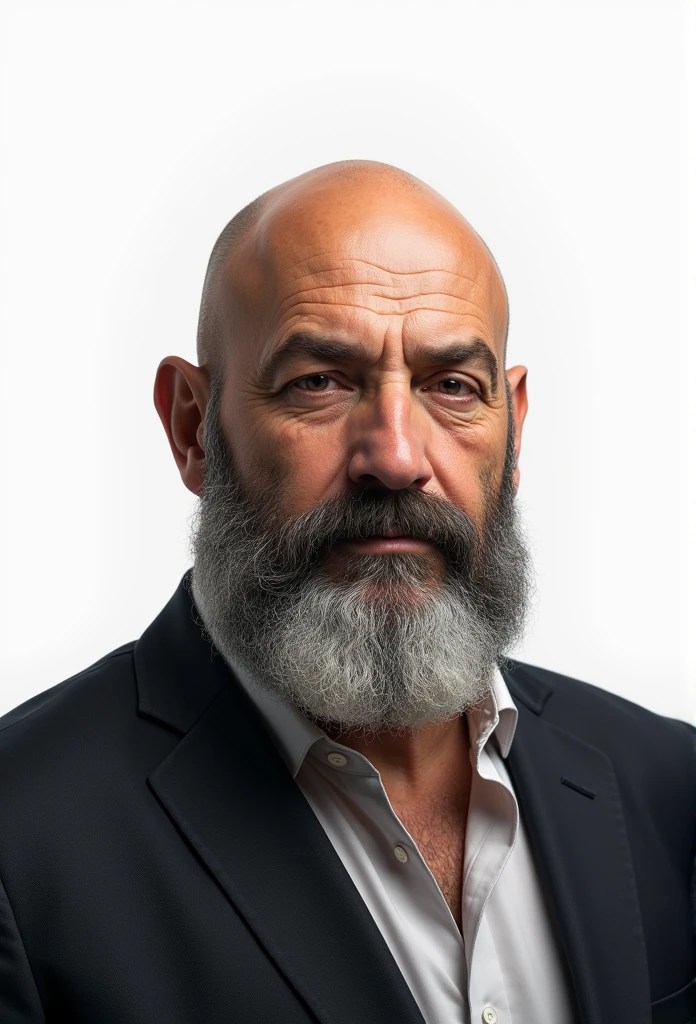 50 year old man. Joufflu. ultra realistic. photo 4k. bald. Barbu et moustache. Graying beard 30 cm long and shorter moustache. Well dressed. white background. head, shoulders and torso. image de face