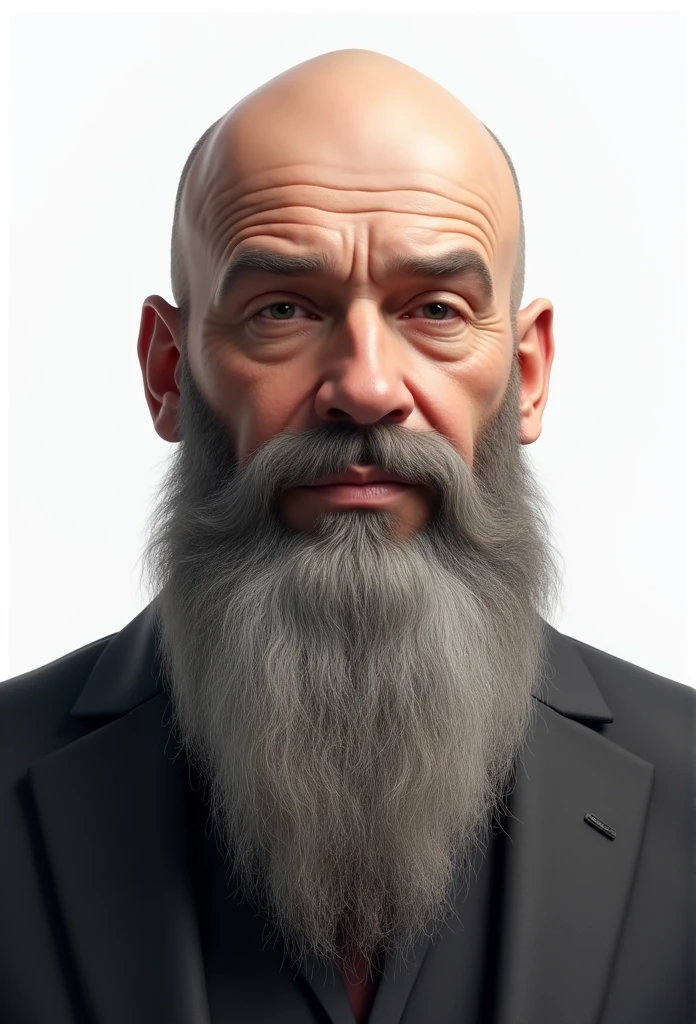 50 year old man. Joufflu. ultra realistic. photo 4k. bald. Barbu et moustache. Graying beard 30 cm long and shorter moustache. Well dressed. white background. head, shoulders and torso. image de face