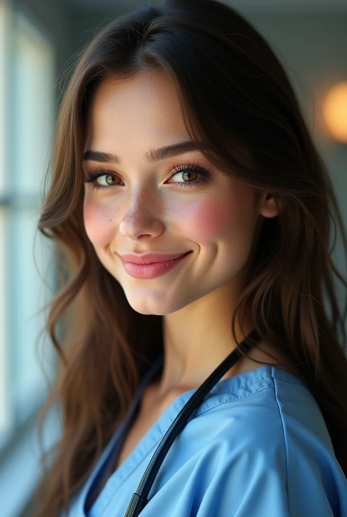 ultrarealistic long full face and body photorealistic image of a with a  23-year-old girl with a lovely face, featuring deep hazel eyes that captivate anyone who meets them. Her brown hair, adorned with lighter shades, gracefully falls onto her shoulders, framing her face with elegance. A stethoscope gracefully hangs over her shoulders. She wears modern hospital scrubs, form fitting right scrubs, featuring her aesthetic athletic figure. Full lips paint a smile.Her face is adorned with one or more moles, adding a touch of mystery and charm. Light freckles give a playful and natural air to her appearance, lending her an aura of freshness.  Her beauty is a harmonious mix of unique and captivating features, making her irresistibly attractive. - Engage the viewer in the whimsical charm of a gaze purposefully avoiding direct eye contact with the camera, focusing towards the right. The subject, adorned with bold makeup, wears a captivating, slightly scowling expression while breaking into a delightful laughter. With eyes semi-closed and a playful pose, the moment in time becomes a blend of alluring mystery and genuine joy