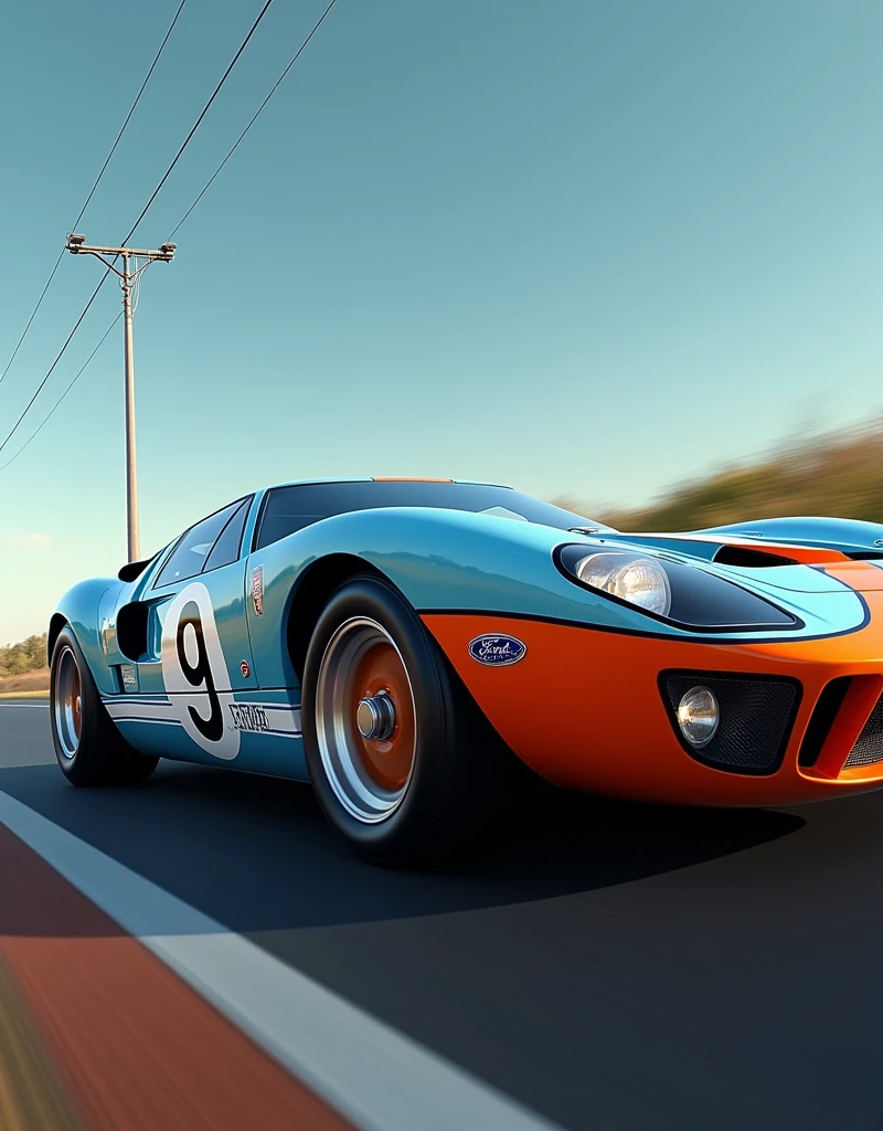 a (((Hiper-realista))), (((32k UHD masterpiece in the style of a cinematic masterpiece))). ((32k UHD alto detalhe, Cinematic art 16k HDR)), ((High resolution masterpiece)), artistic tattoo style. | Um Ford GT40 nas cores azul celeste e laranja, with the number 9 on the door, is capturado em movimento, standing out as a high-quality automobile photo. The artistic studio art-style adds a unique dimension to the image, destacando os contornos do carro rebaixado. the scene conveys a feeling of speed and dynamism, capturing the automotive spirit with clarity and refined detail. | The composition focuses on the details of the lowered car, com as cores vibrantes do azul celeste e do laranja destacando-se artisticamente. “High resolution” image quality ensures every aspect of the vehicle is sharp, while the tattoo style adds a unique layer of expression to the work. | Car scene with a Ford GT40 in sky blue and orange, number 9 on the door, capturado em movimento, highlighting the style of the tattoo and the clear quality of the image. ((Mais detalhes)). The addition of film grain, sharp details, e um ((estilo cru que lembra Fujifilm XT3 35mm f4)) contribui para o ((studio art)) sentir, creating a visually stunning representation of a (carro de corrida em chamas).