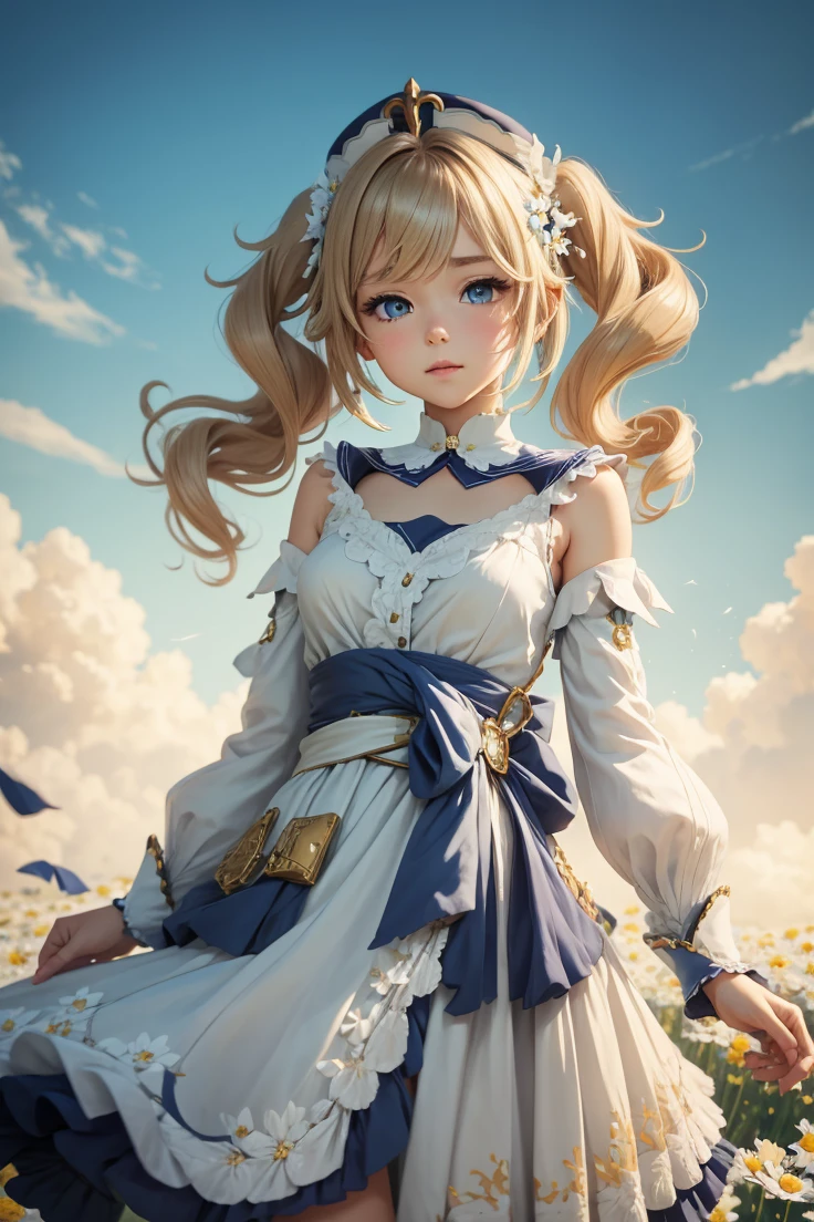{Charming anime girl with wavy, light brown hair adorned with white floral accessories and a navy blue hat with golden accents, her bright blue eyes sparkle with delight:0.9}, {She wears a whimsical sailor dress in pristine white with navy blue and golden trim, a large bow with a cross motif at the collar, and a decorative blue sash around her waist. The outfit is embellished with intricate gold detailing and small charms, evoking a sense of enchantment:0.8}, [Set against a serene, early evening sky with gentle hues of blue and orange merging at the horizon, over a vibrant meadow blooming with white daisies, creating a peaceful and idyllic setting:0.7}, {The artwork is rendered in a clear and vivid anime style, capturing the soft textures of her hair and the delicate fabric of her dress, while the background blends a painterly touch to emphasize the magical, almost storybook quality of the scene:0.9},
{The overall composition is bright and airy, with a focus on high dynamic range that accentuates the light filtering through her hair and the reflective qualities of her eyes, enhancing the youthful and optimistic aura of the character:0.8}