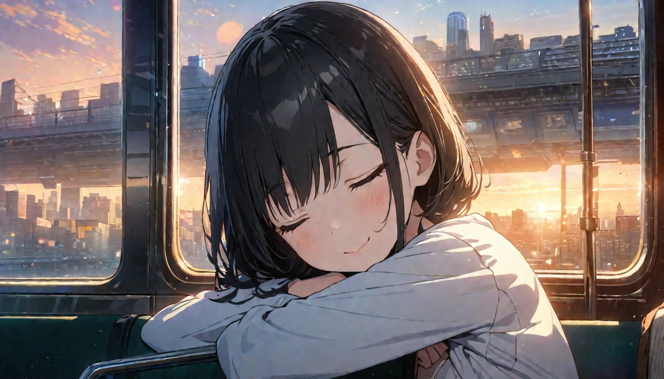 ((ultra-detailed))/ (one women with short black hair and bob hair.、,.、smile、gentle smile on her face、flat chest, one Beautiful girl,((masterpiece, illustration, best quality) ((ultra-detailed))/), sleeping on a train with her head leaning on the handle bar and there is a train window behind her that shows a city and a sunset, eyes closed ,濃い青とBeautiful Blueのグラデーション, High resolution, 8K HD detail, hyper-detail, cinematic, surrealism, soft light, deep field focus bokeh, ray tracing and surrealism. --v6
