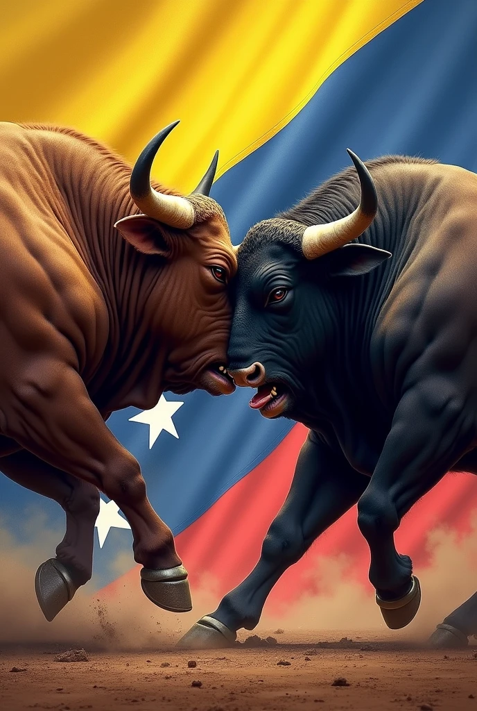 Create an image of fighting bulls and the flag of Venezuela 