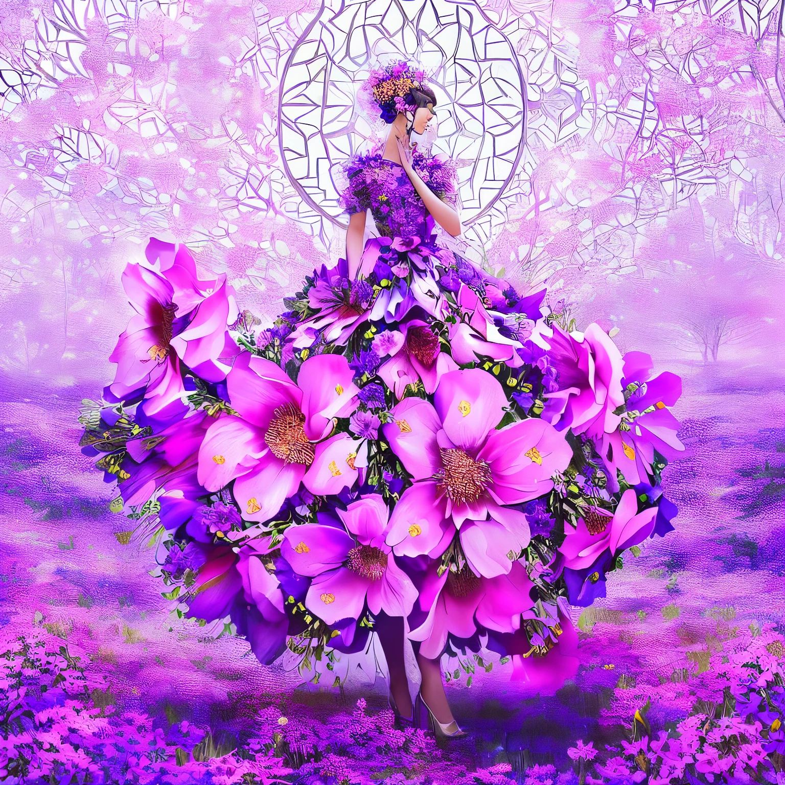 painting of a woman in a purple dress with flowers in her hand, dressed in a flower dress, lady with glowing flowers dress, woman in flowers, dressed in purple, flower goddess, the girl made out of flowers, persephone in spring, inspired by Wadim Kashin, exquisite digital illustration, girl in flowers, beautiful digital artwork