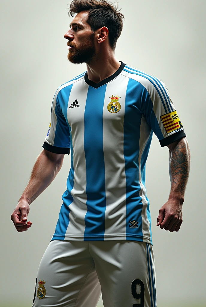 Messi standing at 90 degrees to the right making a gesture like they are with the Argentina shirt