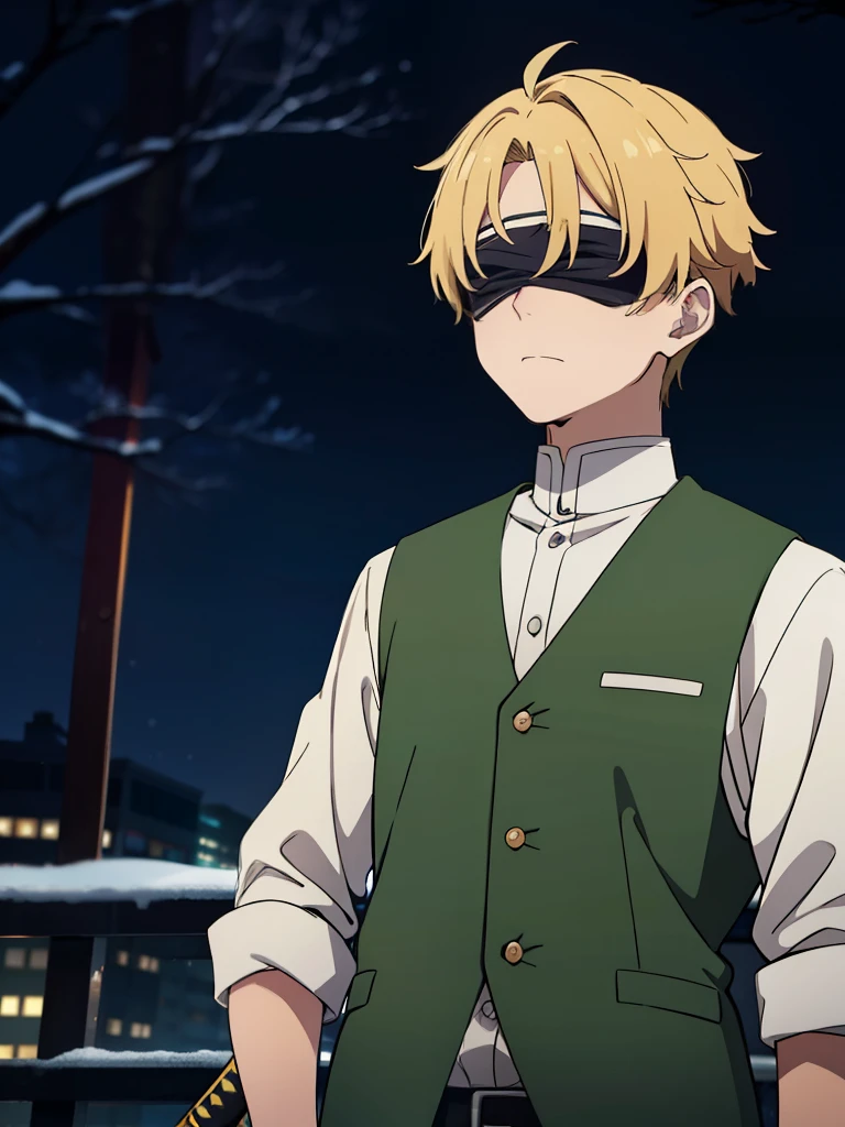 1boy, blind fold, blonde undercut hair, green vest, villain, sad, lonely , park, night, katana, winter, kimetsu no yaiba