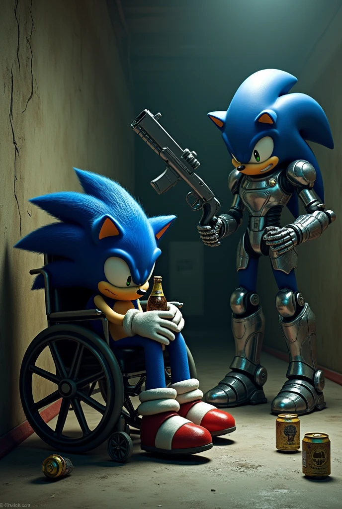 Create sad Sonic drinking beer in a wheelchair, and metal Sonic with a gun to sonic's head