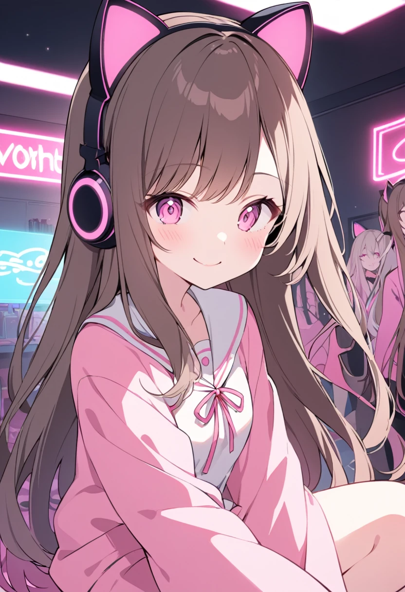 Anime girl, with pink eyes, brunette, worth pink clothes, long hair, in the background pink black neon, wearing cat ear headphones, winked, smiling