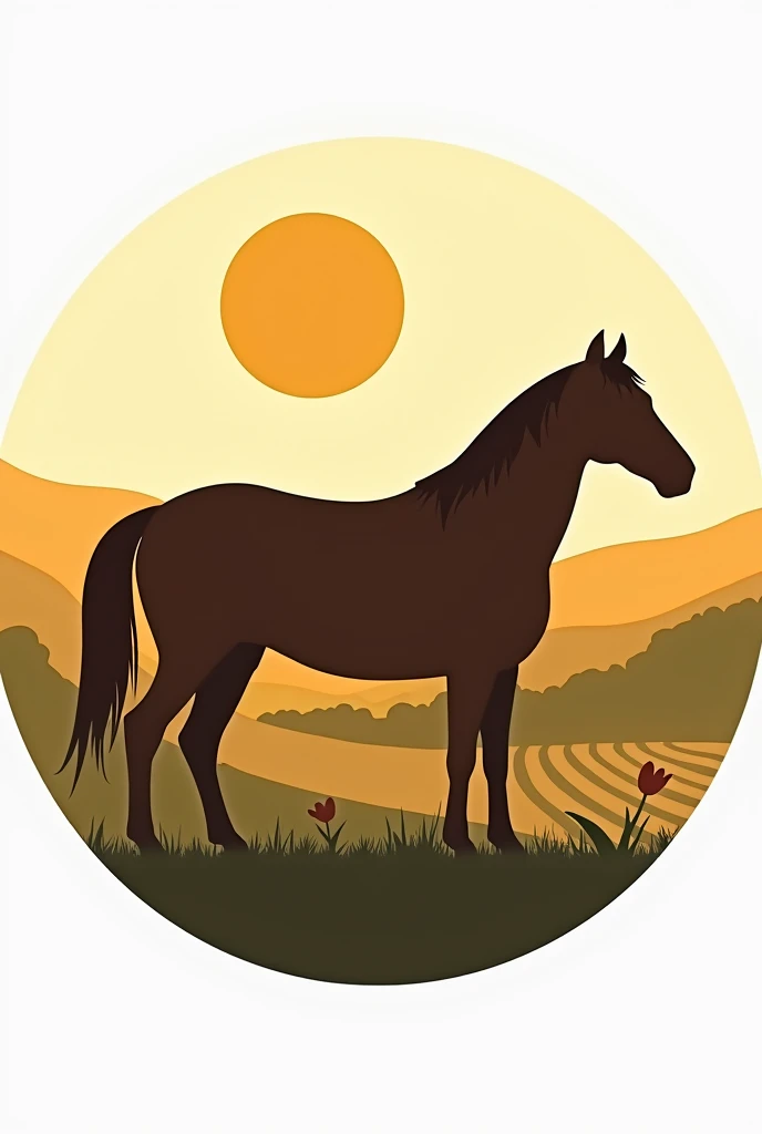A circular logo with a farm, meal, a sun behind and a horse in front, name below Rural Day