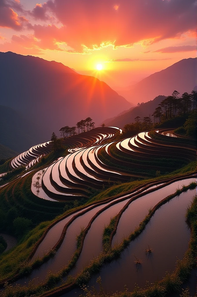Sunset in the Rice Terraces of Yuanyang: Imagine the sun setting over the intricate rice terraces of Yuanyang in Yunnan Province. The terraces, filled with water, reflect the fiery colors of the sky, creating a mesmerizing mirror effect. The sun's rays dance across the landscape, illuminating the terraces in a golden light, while the distant mountains fade into deep purples and blues. The scene is a stunning blend of natural beauty and human ingenuity, with the sunset adding an extra layer of magic to the already breathtaking view.