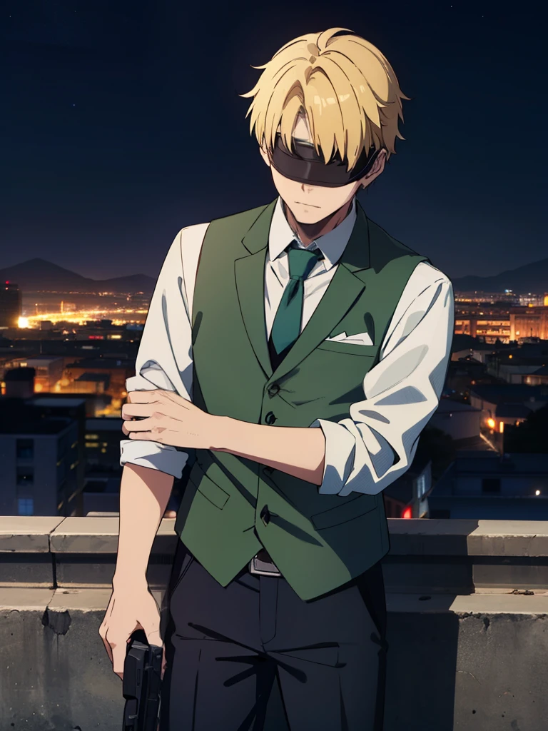 1boy, blind fold, blonde, green vest, villain, tie, gun, city, night