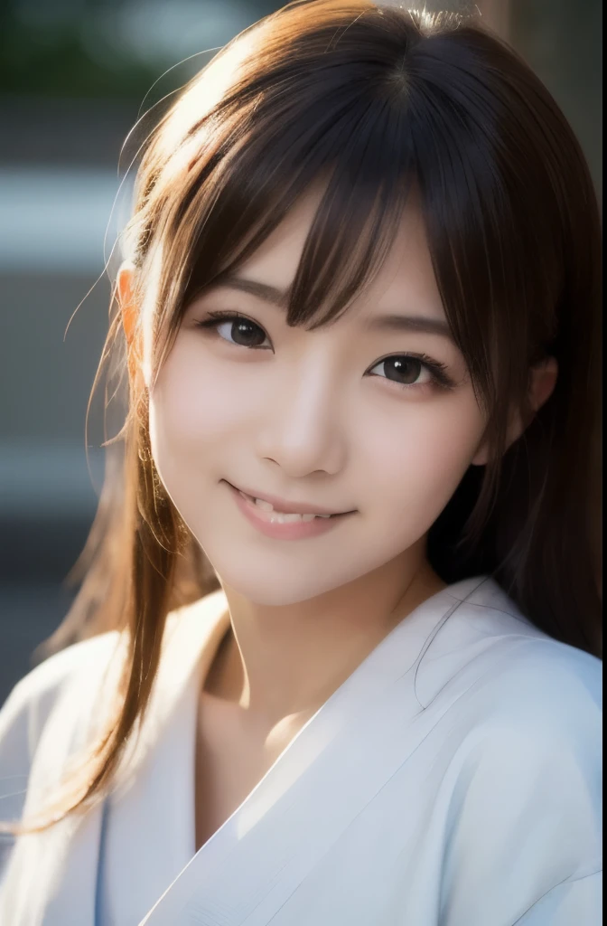 best quality, face focus, soft light, ultra high res, (photorealistic:1.4), RAW photo,(Shinozaki Ai), white skin, kawaii, 1 Japanese girl, solo, cute, (smile), (pupil, lights in the eyes),  detailed beautiful face, busty,(high resolution detail of human skin texture), long hair,(portrait), upper body, white traditional kimono, bedroom, fuller figure