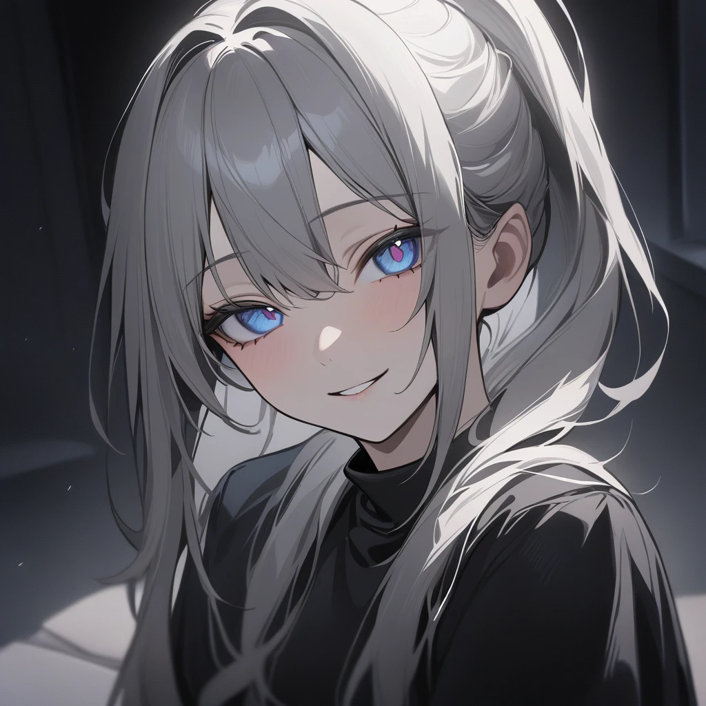 1 girl, solo, grey hair, ponytail, long hair, multicolored eyes, two-tone eyes, gradient eyes, blue eyes, indoor, looking at viewer, portrait, smile, slate dark atmosphere, dark theme, dark wind, masterpiece, best quality, absurdres, highresAhegao,