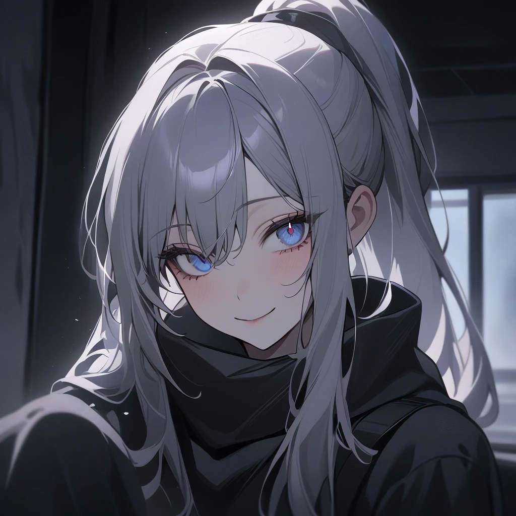 1 girl, solo, grey hair, ponytail, long hair, multicolored eyes, two-tone eyes, gradient eyes, blue eyes, indoor, looking at viewer, portrait, smile, slate dark atmosphere, dark theme, dark wind, masterpiece, best quality, absurdres, highresAhegao,