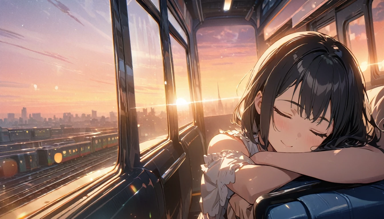 ((ultra-detailed))/ (one women with short black hair and bob hair.、,.、smile、gentle smile on her face、flat chest, one Beautiful girl,((masterpiece, illustration, best quality) ((ultra-detailed))/), sleeping on a train with her head leaning on the handle bar and there is a train window behind her that shows a city and a sunset, eyes closed ,濃い青とBeautiful Blueのグラデーション, High resolution, 8K HD detail, hyper-detail, cinematic, surrealism, soft light, deep field focus bokeh, ray tracing and surrealism. --v6