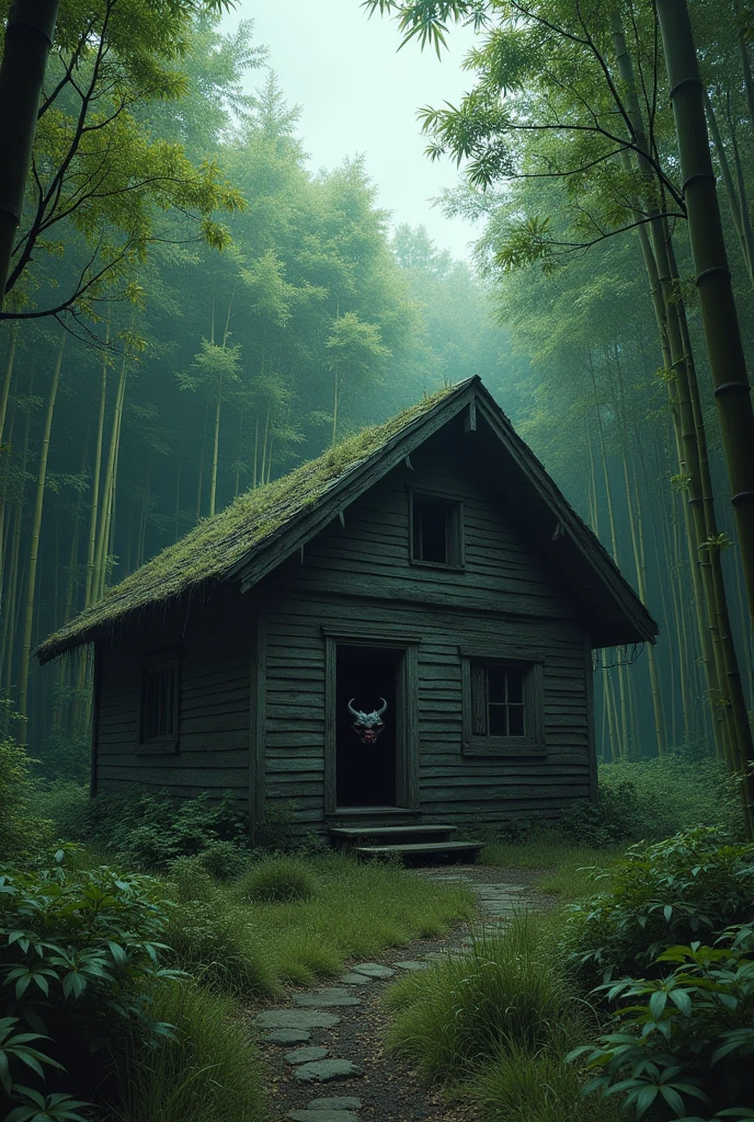 abandoned cabin. with bamboo plantation at the back of the house. And a single demon looking out, in one of the windows.