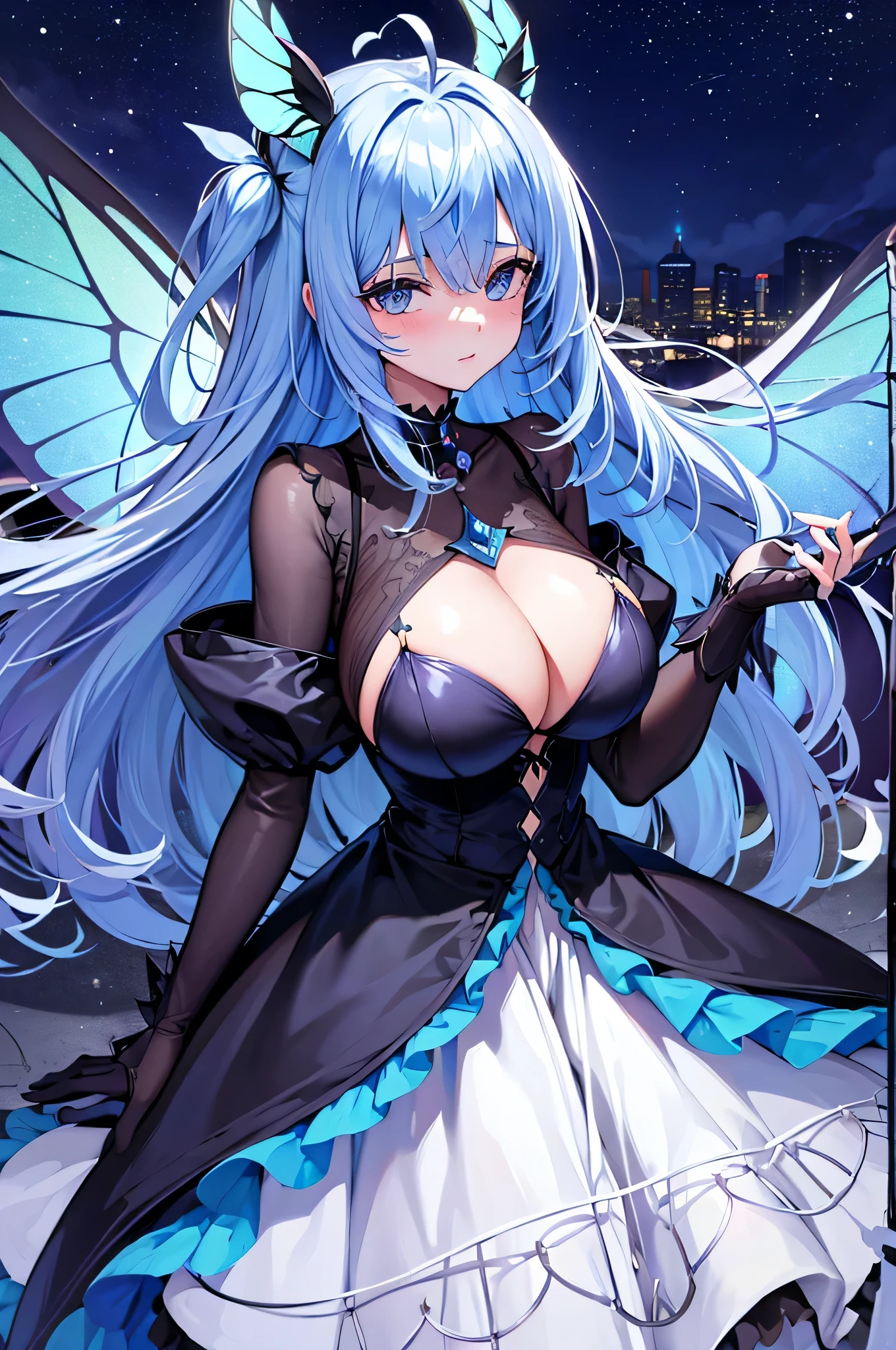 meilleur qualité, Jeune femme papillon, cheveux bleu nuit, Une (gigantesque poitrine:1.4), antenne d'insecte sur la tête, ailes de papillon, Tenue sexy, dans une nuit étoilée