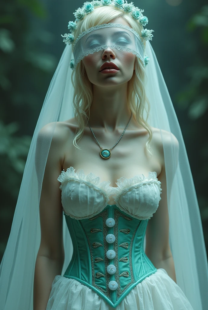 Bird´s-eye view, blindfolded White french woman with super extremly tight tiny waist and see through sheer turquoise corset, beautiful ta dress with petticoat, blindfolded and a long white veil, Bird´s-eye view, sf, intricate artwork masterpiece, ominous, matte painting movie poster, golden ratio, trending on cgsociety, intricate, epic, trending on artstation, by artgerm, h. r. giger and beksinski, highly detailed, vibrant, production cinematic character render, ultra high quality model
