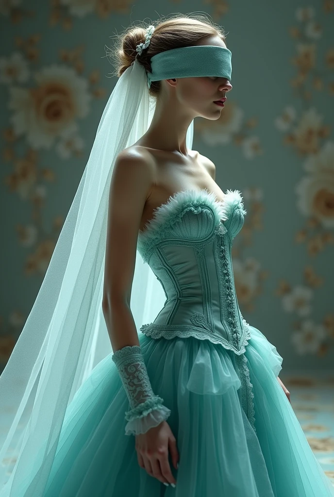 Bird´s-eye view, blindfolded White french woman with super extremly tight tiny waist and see through sheer turquoise corset, beautiful lolita dress with petticoat, blindfolded and a long white veil, Bird´s-eye view, sf, intricate artwork masterpiece, ominous, matte painting movie poster, golden ratio, trending on cgsociety, intricate, epic, trending on artstation, by artgerm, h. r. giger and beksinski, highly detailed, vibrant, production cinematic character render, ultra high quality model