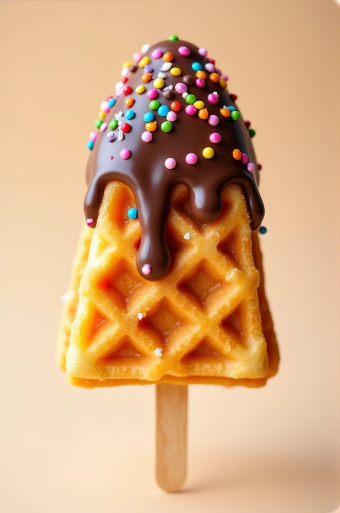Triangle waffle popsicle shape. With chocolate and colored sprinkles on top