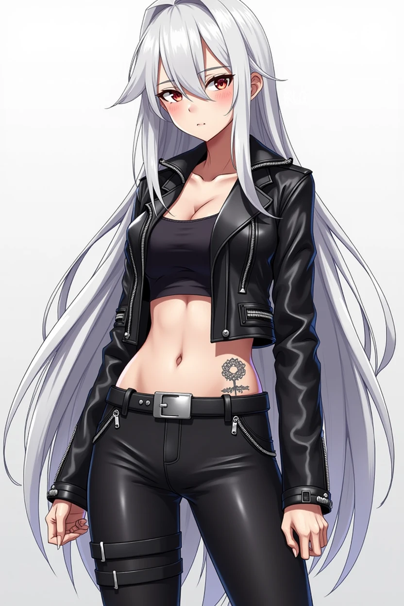 Female character anime version with long white hair, usually stylized in an aggressive way. His eyes are intense and expressive, firm look, has an upright and confident posture, bold clothing style, leather jackets, tights and silver accessories, visible tattoos