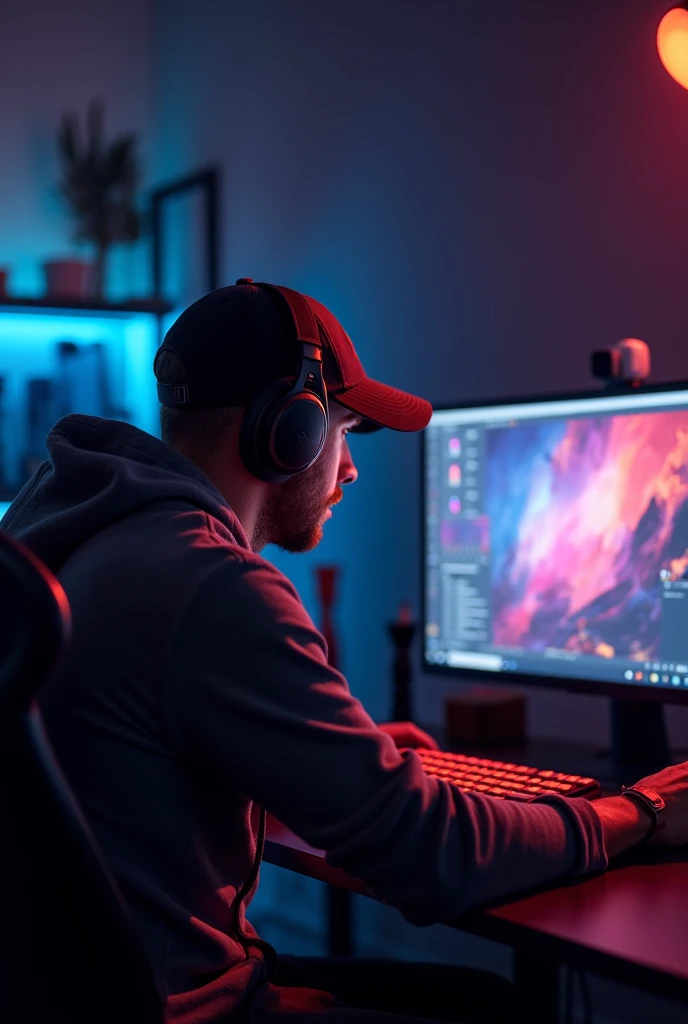 gamer man wearing cap facing computer