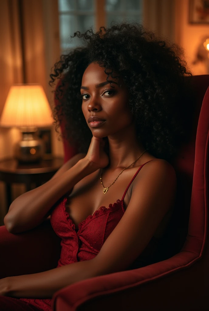 Elle est une femme au teint chocolat éclatant, avec des traits délicats, une silhouette voluptueuse et une confiance en elle qui attire tous les regards.Elle regarde la télé dans un fauteuil