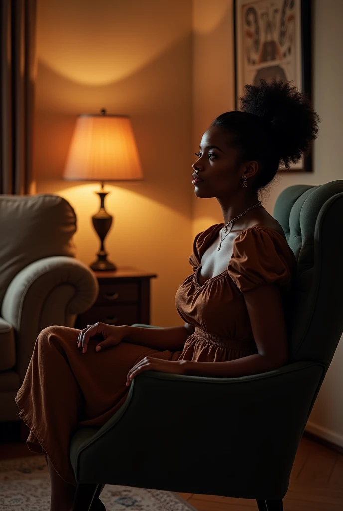 Elle est une femme au teint chocolat éclatant, avec des traits délicats, une silhouette voluptueuse et une confiance en elle qui attire tous les regards.Elle regarde la télé dans un fauteuil